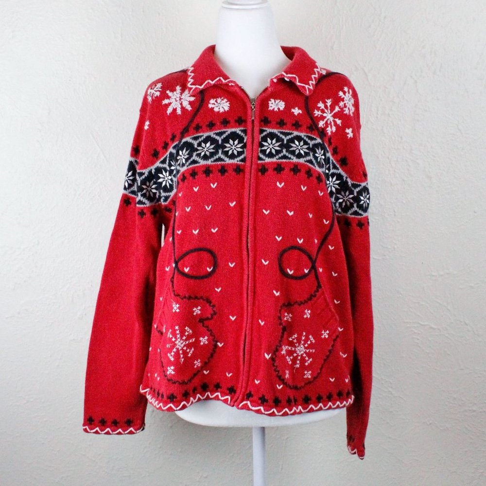 Designers Originals Studio Joy Christmas holiday sweater cardigan mitten pockets